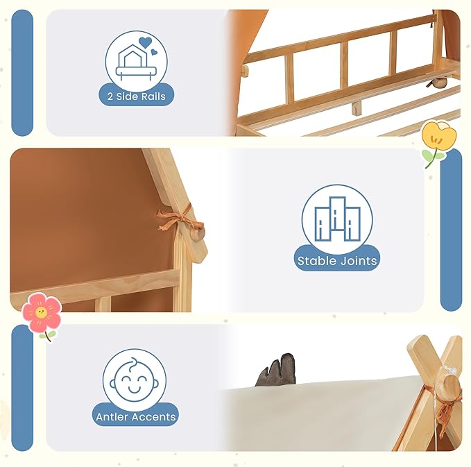 Full Size Floor Bed with Tent and Light, Wooden Montessori Bed Frame with Roof Design, Low Profile Beds for Kids, Boys and Girls, Brown