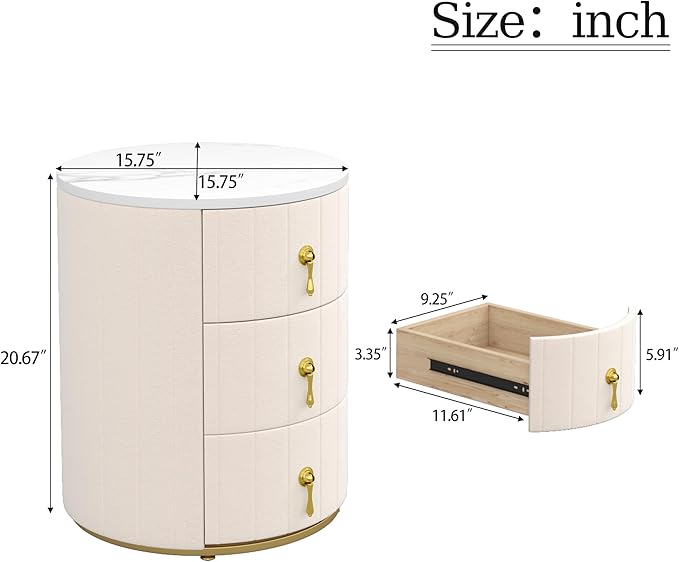 Bellemave Set of 2 Upholstered Nightstand with 3 Drawers, Two Round Bedside Tables with Metal Handles, Velvet End Tables, Marbling Stickers Top Nightstands (Beige)