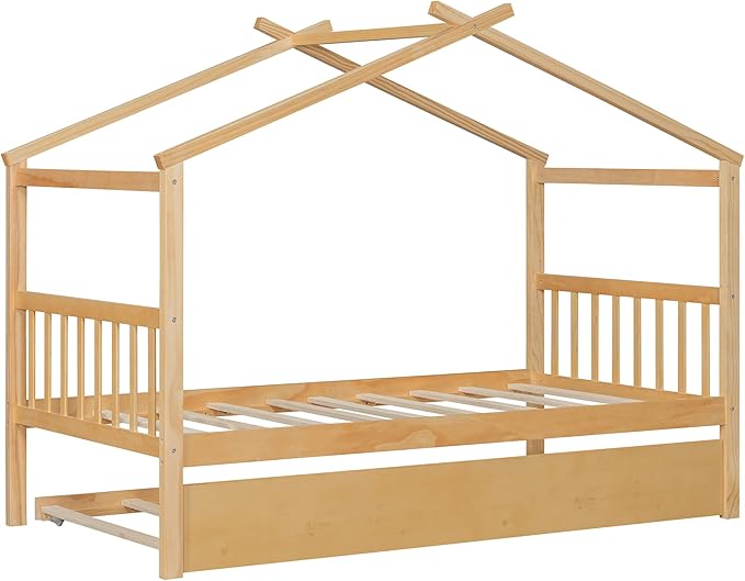 Harper & Bright Designs Twin House Bed for Kids, Wood Platform Bed with Trundle, Montessori Bed with Roof, Playhouse Trundle Beds for Kids,Teens, Bedroom, Natural