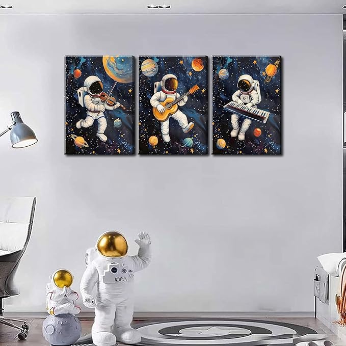 3Pcs Space Astronaut Music Canvas Wall Art Cute Astronaut Musician Decor Pictures Funny Piano Guitar Violin Posters Prints for Boys Room Girls Room Kids Room Nursery Decoration