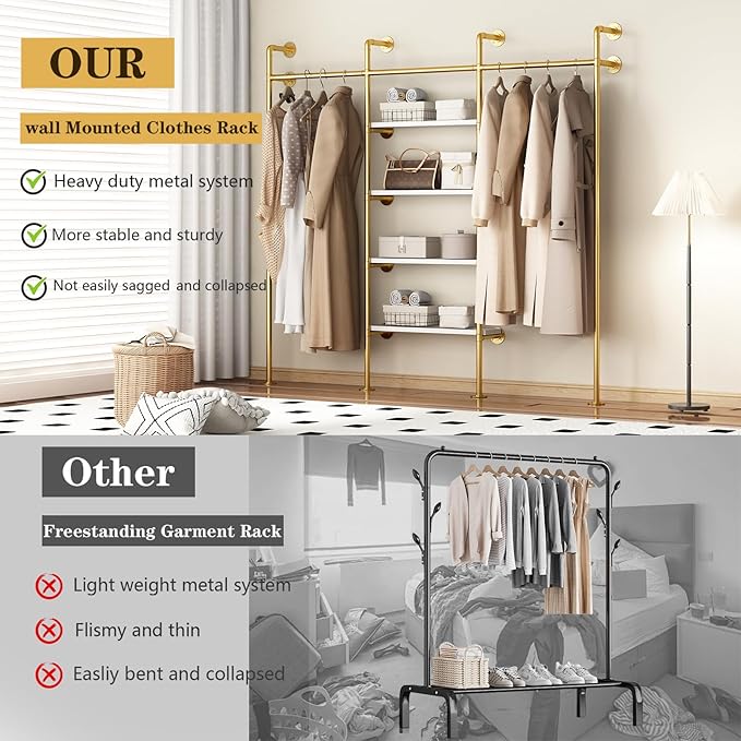 Industrial Pipe Clothing Rack, Wall Mounted Clothes Rack Gold Clothing Rack with Shelves Clothes Hanging Shelf-94.5''L Gold