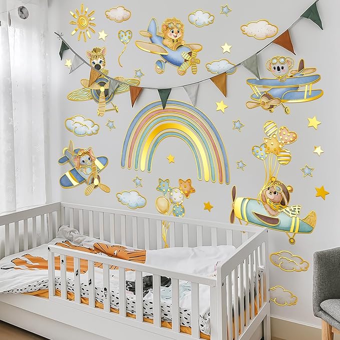 Animal Rainbow Wall Stickers Airplane Animals Wall Decals Stars & Clouds Peel and Stick Decal for Kids Rooms Nursery Playroom Walls (Rainbow Airplane)