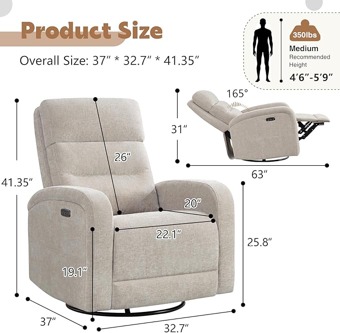 Glider Recliner Nursery Chair, Power Swivel Rocker Recliner with Adjustable Backrest Support, Swivel Rocking Nursery Recliner Chairs with USB and Type-C Ports for Living Room, Chenille Camel
