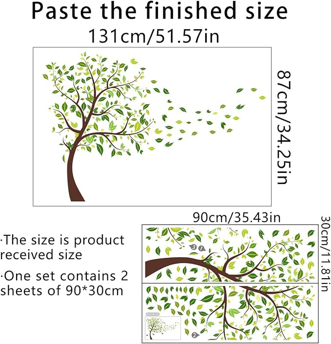 Green Tree Wall Decals Flying Leaves Wall Stickers Green Leaves Wall Decor for Bedroom Nursery Living Room Home Wall Decor (Green-Tree)