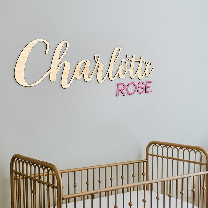 Custom Wood Name Sign For Nursery, 1/3-INCH THICKNESS, Boho Nursery Sign, Family Name Signs, 3D Wall Art for Children & Kids Rooms, Baby Shower, First birthday gift (First + Middle Name)