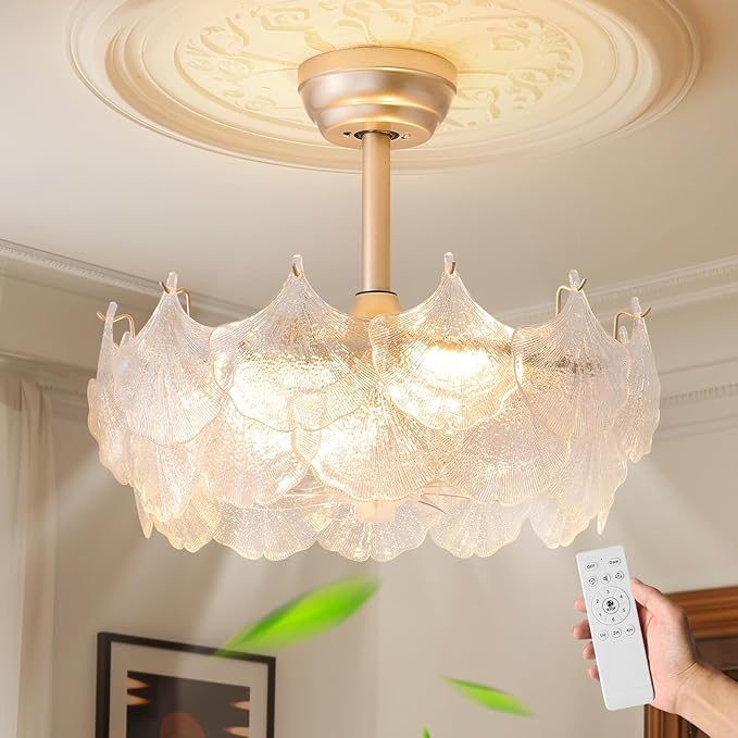 Shell Ceiling Fan with Light 20 Inch Gold Fandelier Modern Crystal Chandelier with Fan Semi Flush Mount Remote Control 6 Speeds for Girls Bedroom,Living Room