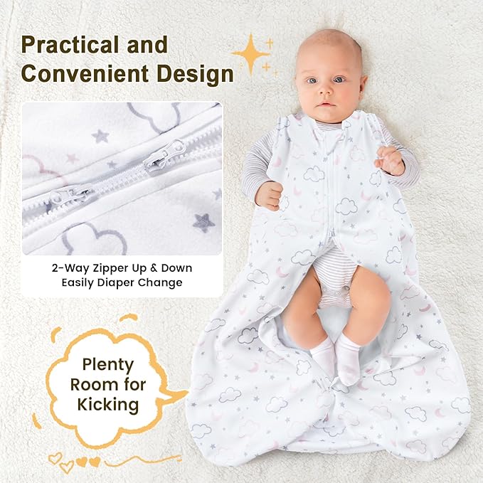 PHF 3 Pack Warm Micro-Fleece Baby Sleep Sack 18-24 Months, Soft Baby Wearable Blanket, 2-Way Zipper Sleeping Bags, Comfy Toddler Sleeping Sack for Girls, X-Large Size, Clouds