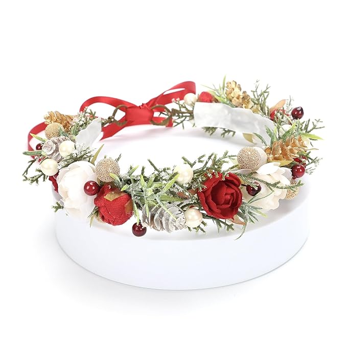 Christmas Flower Crown for Girls Winter Floral Crown Holiday Decoration Headband Xmas Wedding Headpiece Wreath Red Green Golden Gifts for GrandkidsGarland