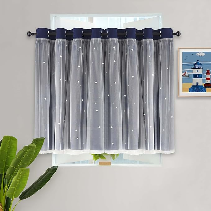 Kinryb Kids Blackout Small Curtains for Bedroom/Living Room/Classroom, Sheer Overlay 2 Free Tiebacks,Double Layer Curtains with Star Cutout for Kids Room(W 52 x L 36 Inches,Navy Blue 2 Pcs)