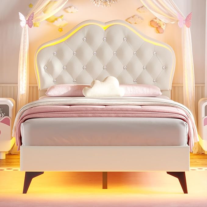 BTHFST Twin Size Upholstered Bed Frame with LED Lights, Adjustable Headboard with Crystal Button, Princess Platform Bed for Girls, Solid Wood Slats Support, No Box Spring Needed, Beige