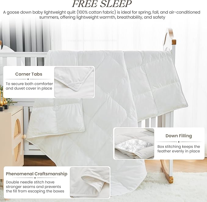 Toddler Goose Down Comforter Lightweight Summer Cooling Baby Duvet Insert, Hypoallergenic 100% Organic Cotton Crib Quilted Washable Nursery Blanket with Corner Tabs, White 33x43 Inches