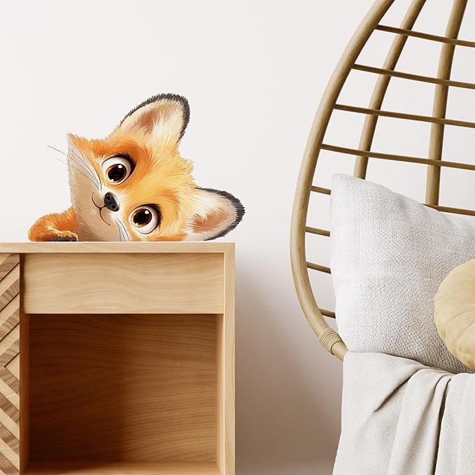 Peekaboo Fox Wall Decals Removable Watercolor Animal Peeking Vinyl Stickers for Nursery Living Room and Kids Playroom Cartoon Decor Peel and Stick Wall Art