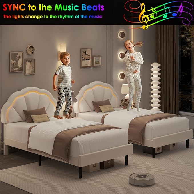 HIFIT Twin Upholstered Smart LED Bed Frame with Adjustable Chic Petal Headboard, Princess Twin Size Platform Bed Frames for Kids/Girls, Wooden Slats Support, No Box Spring Needed, Easy Assembly, Beige