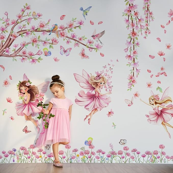 Pink Fairy Garden Wall Decals, Cherry Blossom Tree with Butterflies Wall Stickers for Girls Room Nursery Decor, 45x37 inches, 3 Sheets