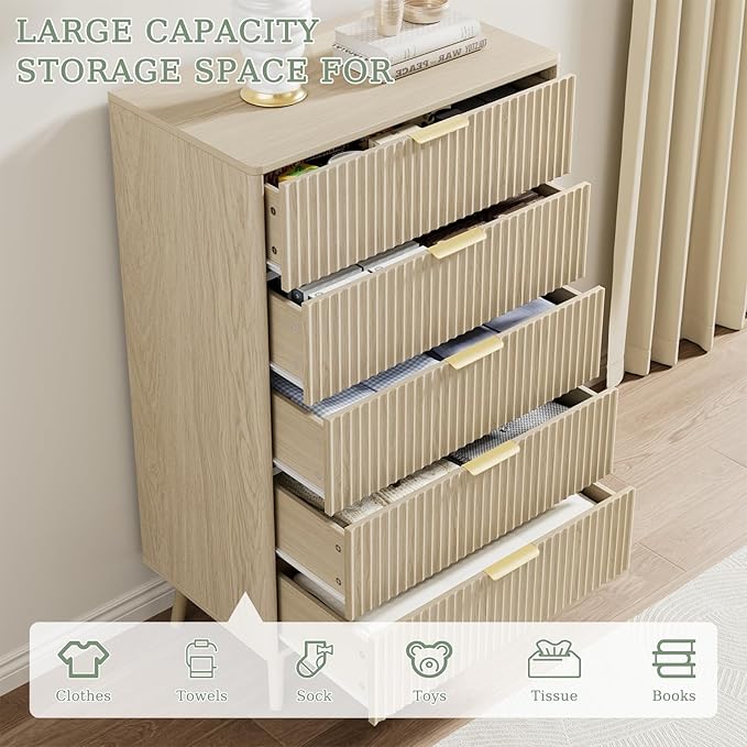 LYNSOM Fluted 5 Drawers Dresser, 45" Tall Modern Chest of Drawers with Curved Profile Design and Metal Handle, Wood Drawer Organizer for Bedroom, Living Room, Hallway, Entryway, Beige