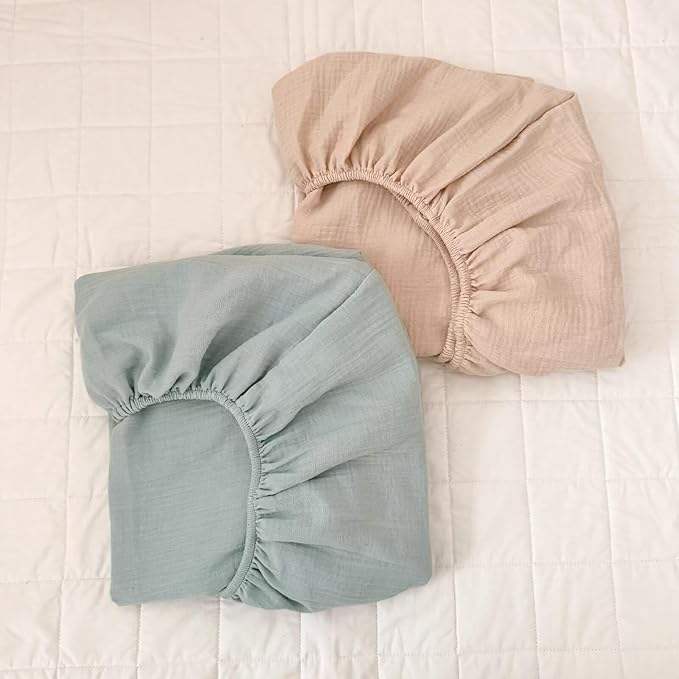 BuLuTu Muslin Standard Crib Sheets Fitted, 2 Pack, Baby Crib Sheets for Standard Crib Mattress 52"x28", Soft Cotton Toddler Bed Sheets, 360°Mattress Wrapping, Beige & Green
