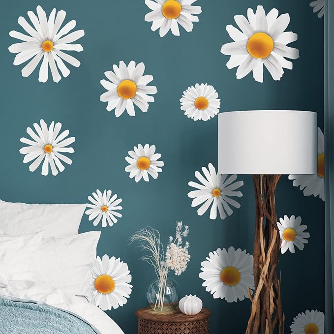 Big White Daisy Wall Decals Decor for Baby Nursery Toddler Girls Bedroom, Vinyl Floral Wall Stickers Peel and Stick, Boho Daisy Flower Wall Art Decor for Living Room Closet Cabinet