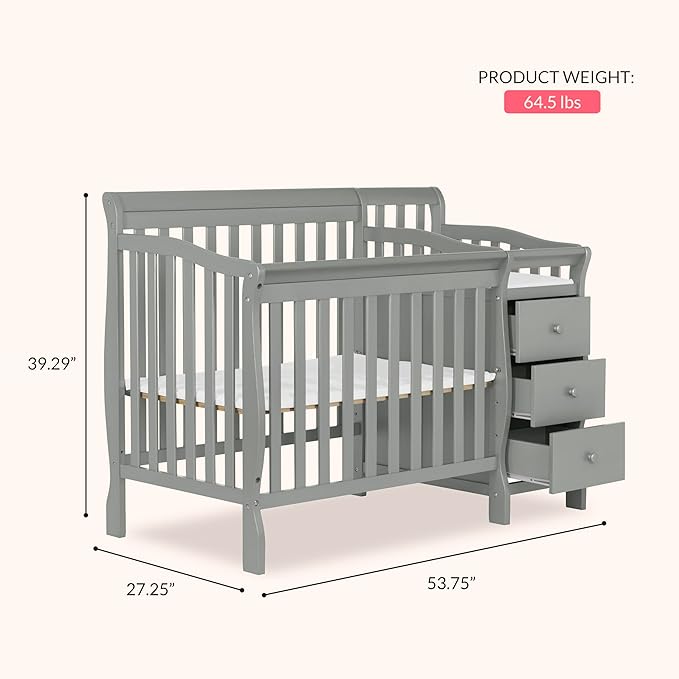 Dream On Me Jayden 4‑in‑1 Mini Convertible Baby Crib & Changer with Storage in Seagrass, Pinewood, GreenGuard Gold & JPMA, 1” Mattress Pad, 3 Mattress Heights, Converts to Mini Day & Twin-Size Bed