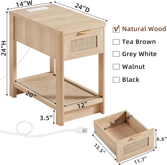 Lerliuo Rattan Night Stand Set of 2, Narrow Nightstand with Charger Station, Boho Bed Side End Table with Drawer Rattan Shelf for Small Spaces, Natural Wood Bedside Tables for Living Room Bedroom