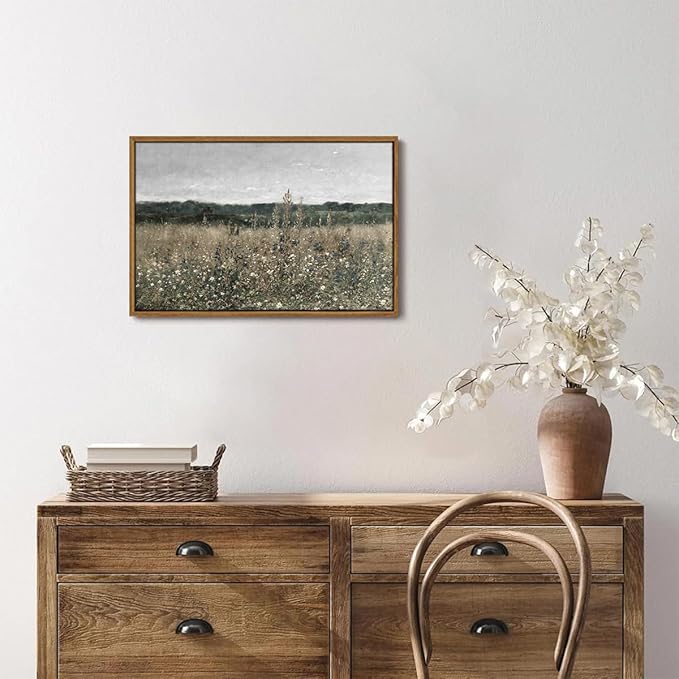 OIQArtOIQ Vintage Framed Wall Art Wildflower Field Meadow Canvas Art Prints Rustic Farmhouse Landscape Pictures Wall Decor Modern Cottagecore Paintings Artwork For Bedroom Bathroom Office Living Room