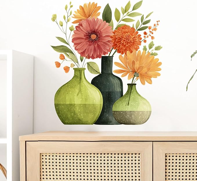 Watercolor Floral Vase Wall Decals Removable Plant Vinyl Stickers for Nursery Living Room Kitchen Decor Peel and Stick Botanical Wall Art