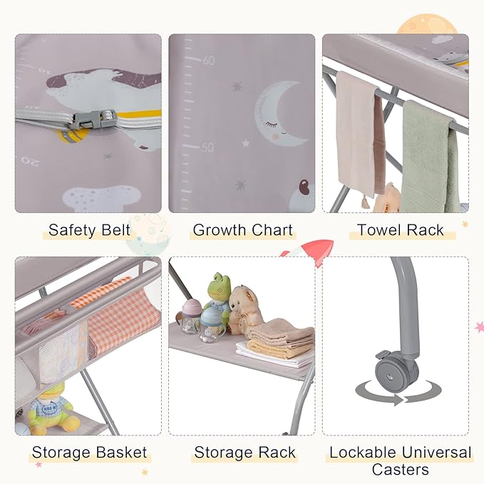 Costzon Portable Changing Table, Mobile Baby Changing Table with Wheels, Safety Belt, Large Storage Basket, Rack & Shelf, Folding Diaper Changing Station Nursery Organizer for Infant Newborn (Gray)