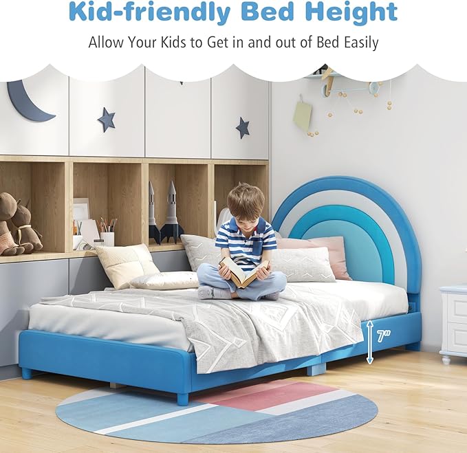 Costzon Twin Bed Frames for Kids, Upholstered Wooden Kids Bed w/Adjustable Headboard, Slats Support, 660 LBS Weight Cap, No Box Spring Needed, Easy Assembly, Twin Platform Bed Frame (Blue Rainbow)