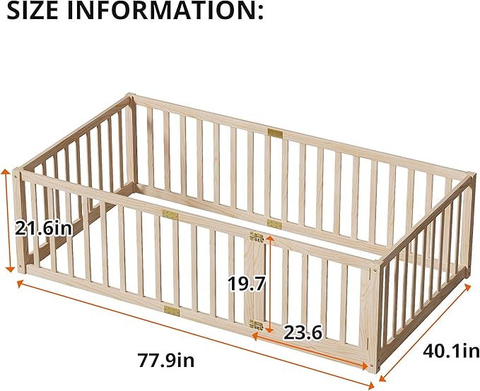 LLS Twin Size High Fence Floor Bed, Solid Wood Multifunctional Montessori Bed Frame with Door for Toddler Kids, Without Slats, Natural