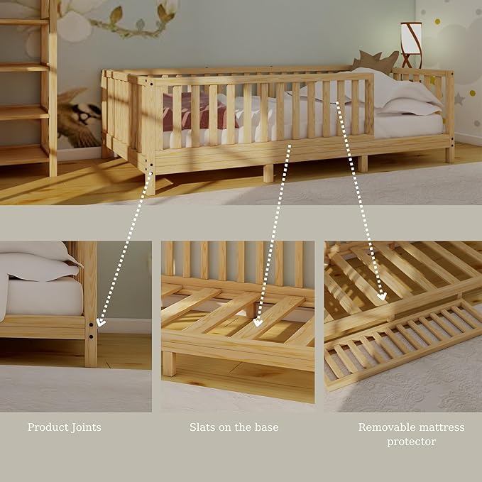 Montessori Floor Bed Designed with Open Front for Girls and Boys | Pine Wood Natural Solid Frame Beds Footed Model with Slats | Sturdy Designed Floor Bed Frame for Kids (Queen, Height : 23 Inches)