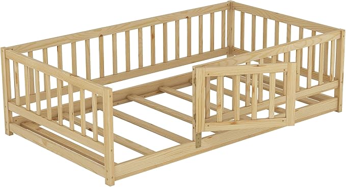 Twin Size Floor Bed Frame with Door and Slats,Montessori Floor Bed with Safety Guardrails for Girls Boys,Solid Wood Kids Montessori Bed Twin Size,Natural
