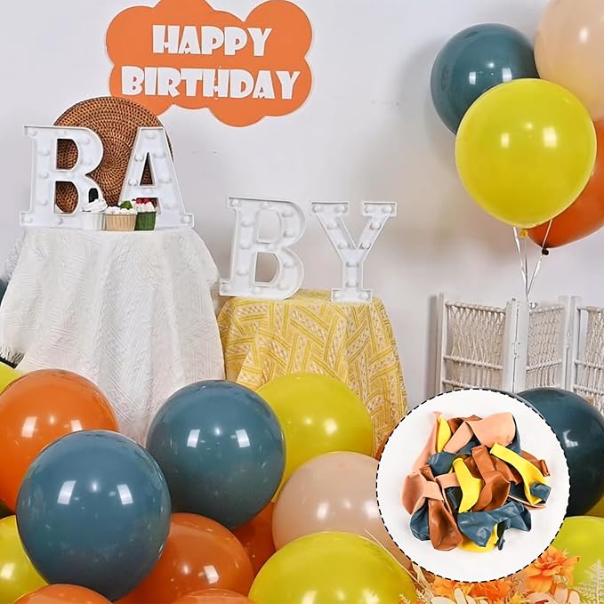 Retro Blue Yellow and Orange Balloons, 60PCS 12 Inch Slate Blue Burnt Orange Mustard Yellow Balloons for Here Comes the Son Baby Shower Kids Birthday Party Boho Party Decorations