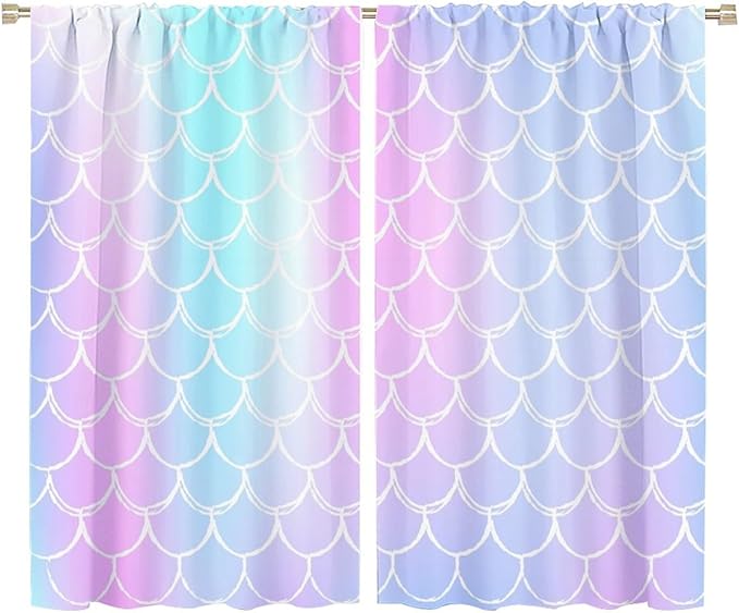 Fantasy Mermaid Curtain Rainbow Mermaid Scales Purple Pink Blue Ocean Theme Dream Blackout Window Treatment for Kids Boys Girls Bedroom Nursery Room Decor Rod Pocket Window Drapes 72x63in