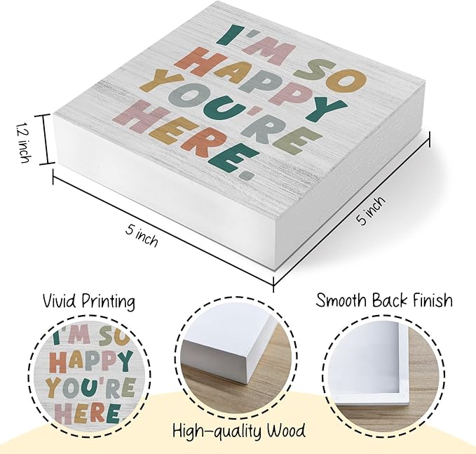 Boho Classroom Wooden Box Sign, Boho Classroom Decor, I'm So Happy You're Here Wood Block Box for Kids Nursery Room Bedroom Playroom Desk Shelf Table Decor, 5x5 Inch FY-mh-663