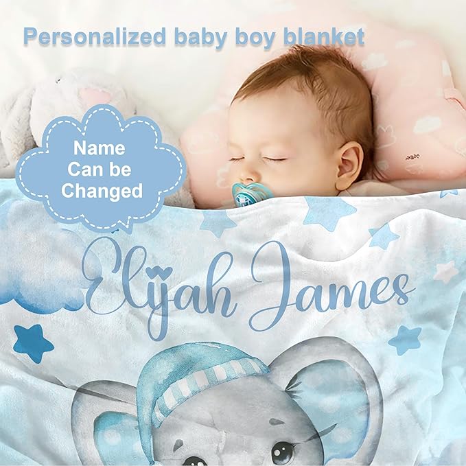 J&SBGFT Personalized Baby Blanket for Boys,Custom with Name, Customized Name Receiving Blankets Toddlers Kids Nursery Stroller Crib Decor Throw 30/''x40/'',Color2, 02-blue Elephant