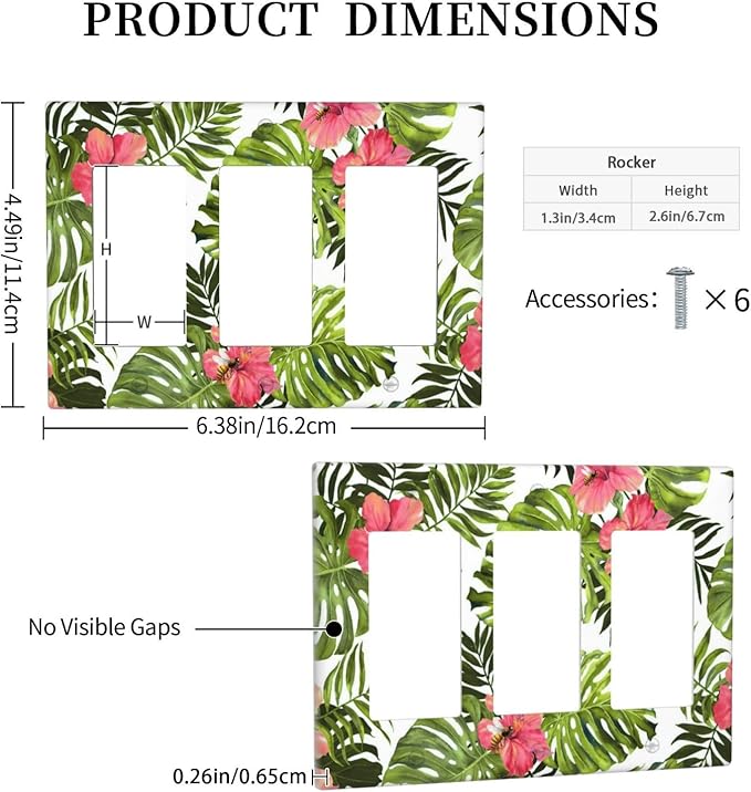 Tropical Plant Green Palm Light Switch Cover Triple Rocker Decorative 3 Gang Switches Plates and Outlet Covers Banana Leaves Pink Flower Rainfores Jungle Botanical Switchplate Wallplate