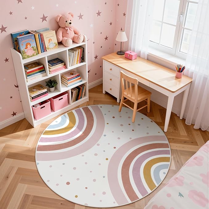 STARUIA Colorful Round Rug for Nursery, 4 Ft Rainbow Washable Rug for Playroom, Boho Kids Rug Non-Slip Soft Bedroom Carpet for Classroom Teepee Princess Castle