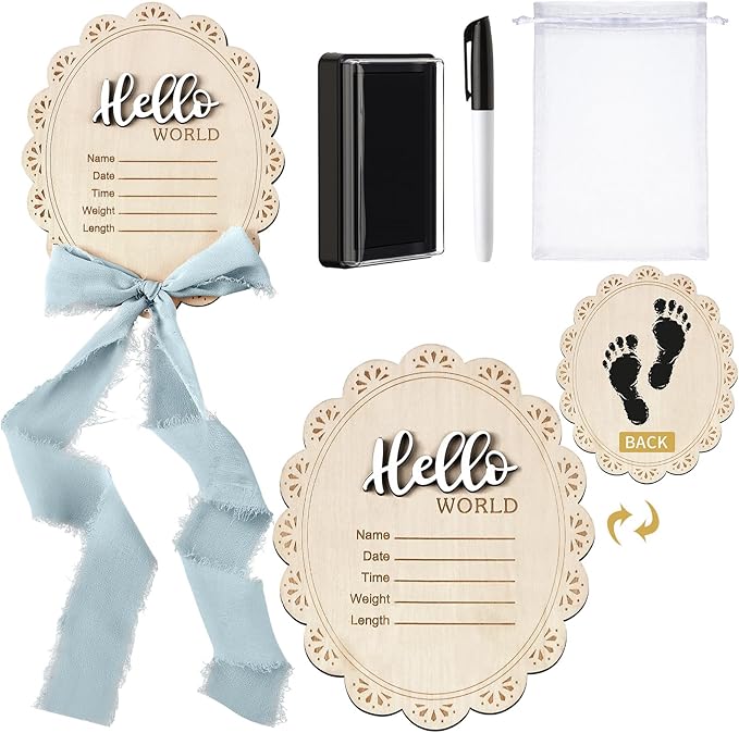 Baby Announcement Sign 7 Inch Double Sided Wooden Hello World Newborn Engraved Sign with Organza Bag Marker Pen Ink Pad Ribbon Bow for Baby Shower Hand Footprints Photo Prop (Blue Bow)