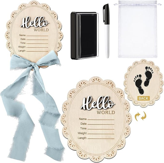 Baby Announcement Sign 7 Inch Double Sided Wooden Hello World Newborn Engraved Sign with Organza Bag Marker Pen Ink Pad Ribbon Bow for Baby Shower Hand Footprints Photo Prop (Blue Bow)