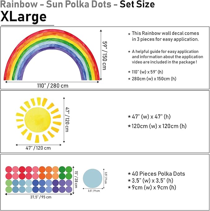 Watercolor Rainbow, Sun, Polka Dots Wall Decal for Kids Room, Nursery, Baby Room Decor, Polka Dots Mural, Rainbow Wallpaper (Vibrant Rainbow, XLarge)