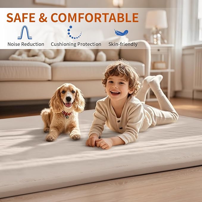 ACOMOPACK Baby Play Mat for Floor,1.3" Thick Memory Foam Area Rug for Living Room,Soft Velvet Crawling with Non-Slip Bottom for Kid,Toddler,71"×79" Tummy Time Nursery Rugs,Yoga（Beige）