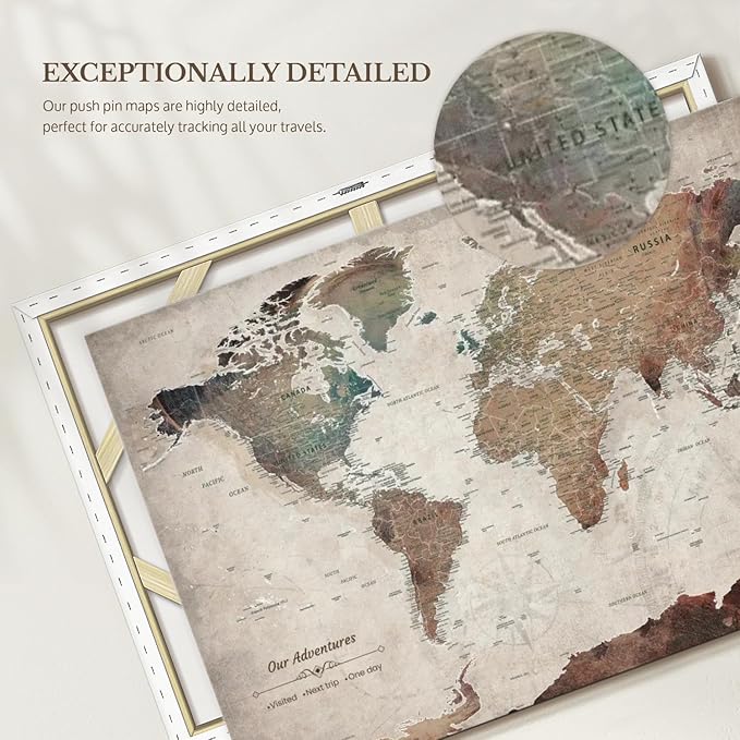 ElephantStock - Our Adventures World Map With Push Pin Iii Wall Art - Horizontal Canvas Wall Art - Living Room Wall Decor - Printmaking Map Canvas Art - Beige And Brown Decor - 12" x 8"