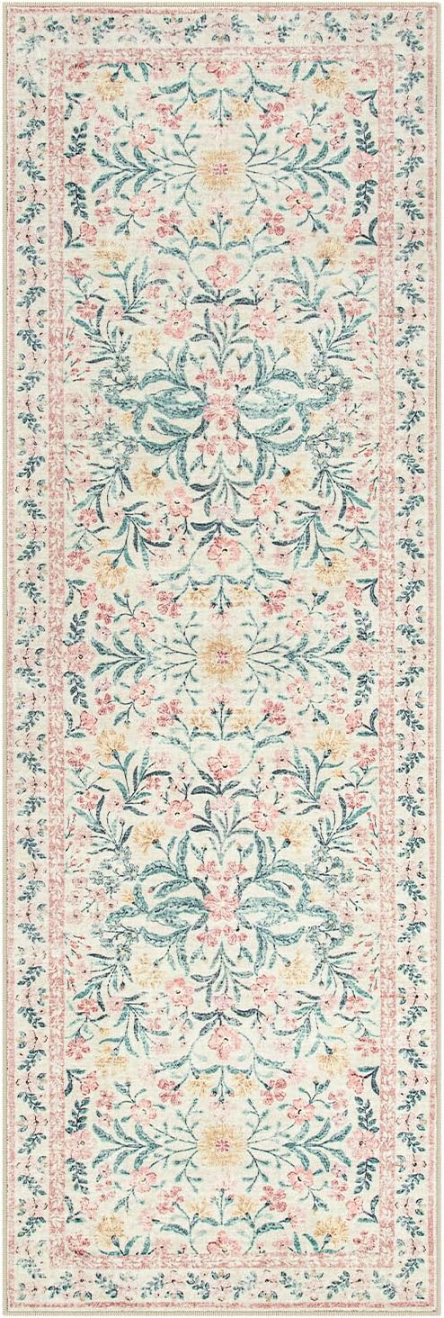 Lahome Boho Hallway Runner Rug 2x6,Floral Kitchen Runner Rugs Non Skid Washable,Super Soft Indoor Throw Carpet for Girls Bedroom Bedside Bathroom Laundry Room, Pink/Multi