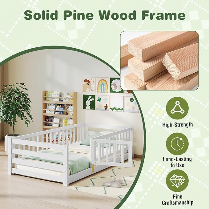 KOMFOTT Twin Size Wood Floor Bed with Door & 21.5” Fence, Montessori Bed Frame with Full Length Safety Guardrails, Door & Latch, Wooden Montessori Floor Bed for Kids, Girls, Boys