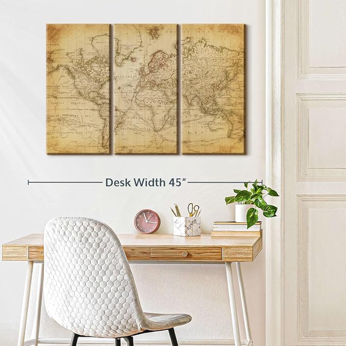 ElephantStock Old Century World Map Wall Art Multi Piece Canvas - 3 Piece Canvas World Map Wall Decor - Ready-to-Hang Print - Vintage Wall Art - 38" X 24"