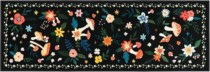 2x6 Machine Washable Kitchen Runner Rug, Non-Slip Vintage Floral Hallway Rug, Low Pile Carpet Runners for Laundry Room, Entryway, Bedroom & Kitchen(2x6 Black Mushroom)