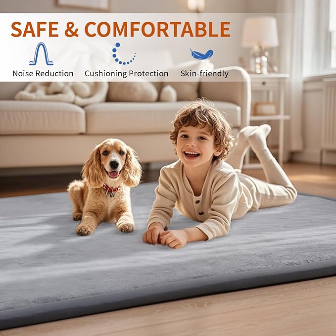 ACOMOPACK Baby Play Mat for Floor,1.3" Thick Memory Foam Area Rug for Living Room,Soft Velvet Crawling with Non-Slip Bottom for Kid,Toddler,71"×79" Tummy Time Nursery Rugs,Yoga（Dark Grey）