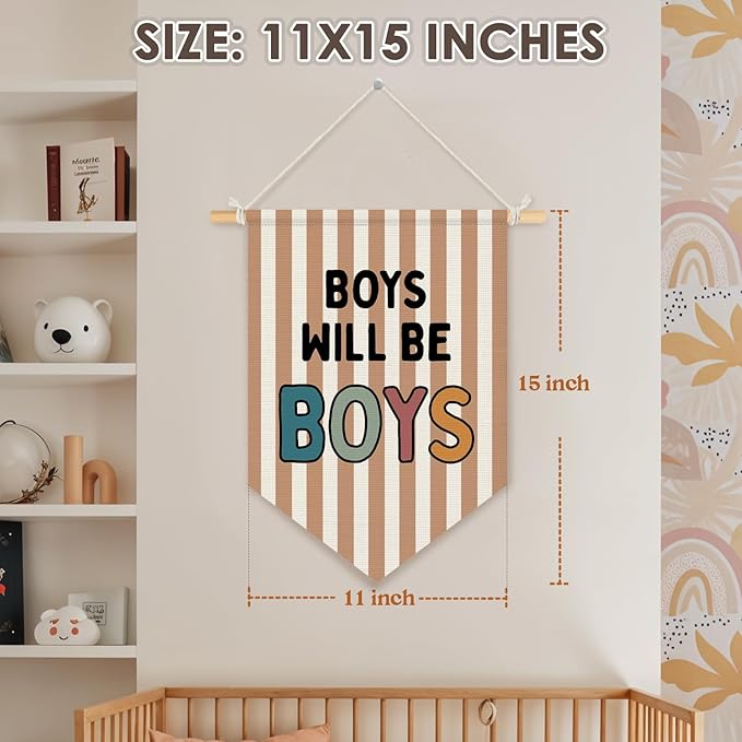 Wheatwin Boy Room Decor, Boys Will Be Boys Wall Hanging Pennant Flag Banner, Neutral Striped Kids Wall Decor for Nursery Toddler Room Bedroom Playroom 15x11 Inch