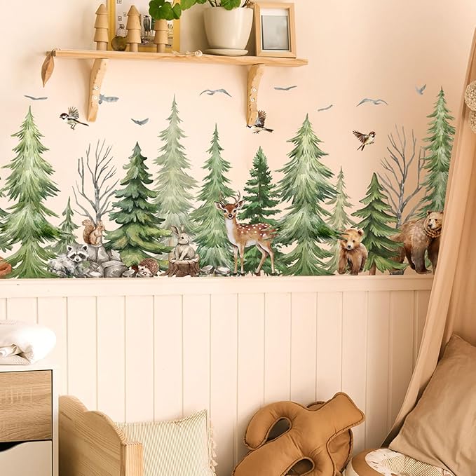 Watercolor Pine Tree Animals Wall Stickers Woodland Forest Tree Fox Deer Bear Wall Decals Baby Nursery Bedroom Living Room Staircase Wall Decor