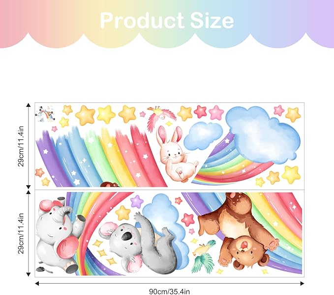 Tanlaby 43" X 43" Animal Rainbow Wall Stickers Bear Elephant Koala Rabbit Wall Decals Peel and Stick Clouds Stars Art Decor for Baby Nursery Kids Bedroom Playroom Daycare Classroom