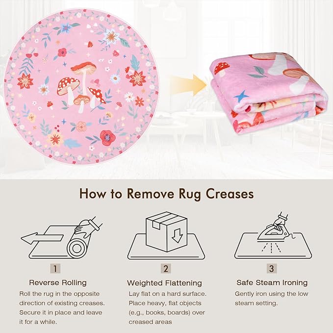6' Machine Washable Round Area Rug, Non-Slip Vintage Floral Circle Floor Rugs for Kids, Low Pile Room Carpet for Living Room, Bedroom, Dining Room & Nursery(6' Pink Mushroom)